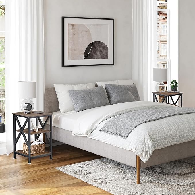 End Tables with Storage Shelf, 12" Deep x 16" Wide x 24" High, Small Side Table 3-Tier, End Tables Living Room Farmhouse, X-Shaped Night Stands for Bedrooms Bedside Tables, End Table Wood and Metal