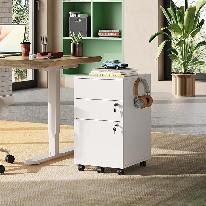 DEVAISE 3 Drawer Mobile File Cabinet with Lock, White Wood Rolling Filing Cabinet for Under Desk, Fits Letter/Legal/A4 Size for Home Office
