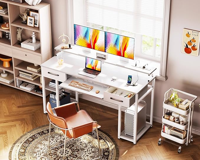 ODK Computer Desk with Drawers, 55 Inch Office Desk with Power Outlet and Keyboard Tray & Storage Shelves & PC Stand, Office Table Work Desk with Monitor Stand, White