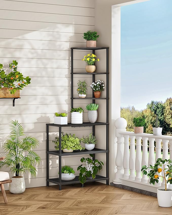 CHOEZON 6-Tier Corner Shelf, Industrial Corner Bookshelf with Desk Top, Diamond-Shaped Storage Shelves, Display Stand for Small Spaces, Living Room, Home Office, Foyer, Black TCJ70BB