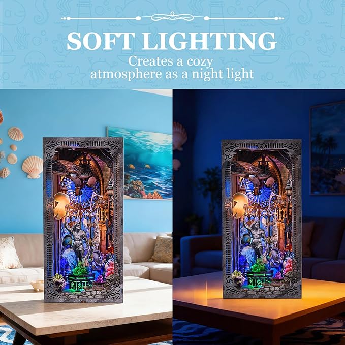 fifijoy Book Nook Kit - Atlantis DIY Miniature House Dollhouse Kit for Adults and Teens, 3D Wooden Puzzle Bookend Bookshelf Insert Decor with LED Light, Gifts for Family and Friends