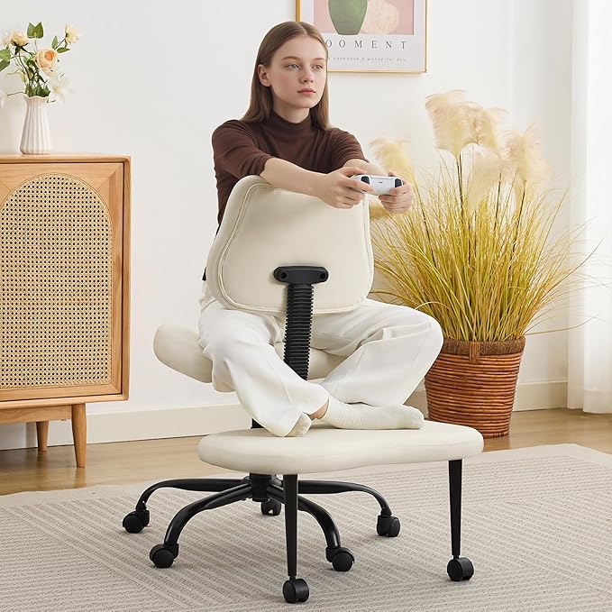 Criss Cross Legged Meditaion Chair,Exquisite Home Office Furniture,Ergonomic Kneeling with Lumbar Support and Adjustable Height Stool,for ADHD Adults,Teddy Fabric (White, Faux Leather)