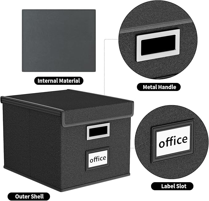 File Organizer Box with Lid, Collapsible File Folder Organizer for Office Document Storage, Filing Box with Plastic Slide for Letter Size Hanging File Folders(1 Pack, Black)