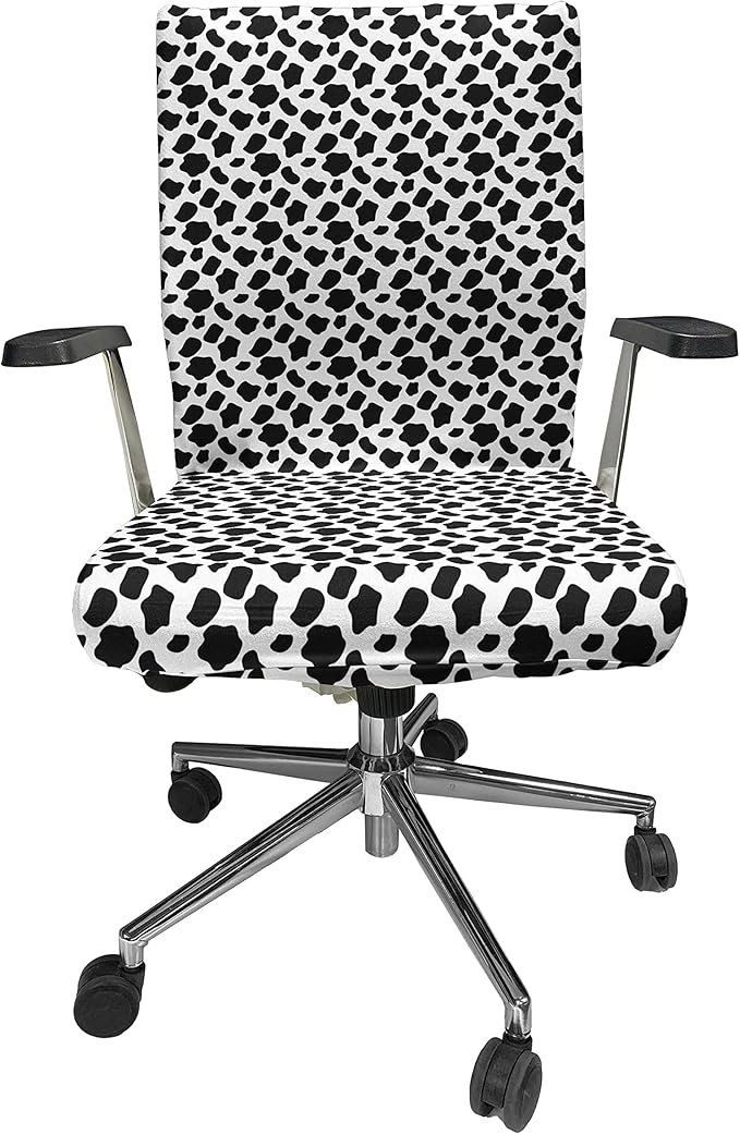 Ambesonne Cow Print Office Chair Cover, Cattle Skin Pattern Scattered Spots Animal Hide Plain and Pasture Theme, Stretchable Decorative Universal Size High Back Printed Slipcover, White and Black