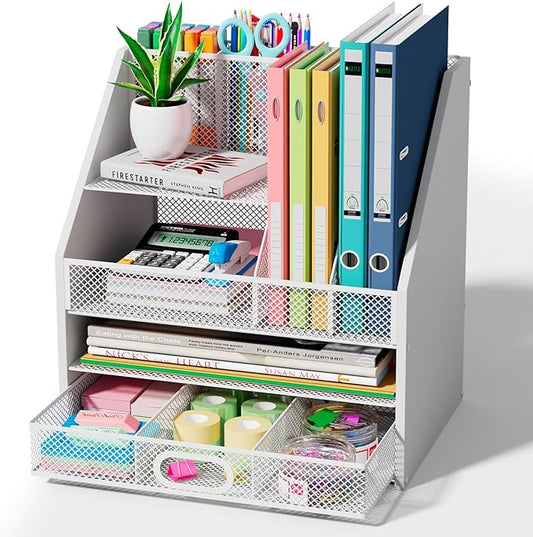 Homsorout Wooden Desk Organizer - Mesh File Organizer with Drawers and Pen Holder - 4-Tier Vertical Paper Letter Storage Tray, Desktop Organizers and Accessories for Home Office （White