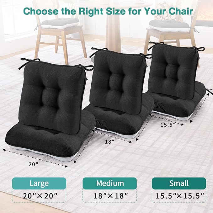 BETU Black Chair Cushions for Dining Chairs Set of 4,3.5" Thick Kitchen Table Chair Pads with Ties,Non Slip Backing and Covers,Seat Cushion for Dining Room,Bar,Patio Chairs,15.5"X15.5"X3.5",Black