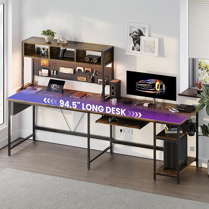 DUMOS L Shaped Gaming Desk 67", Reversible Computer Desk with LED Lights, Corner Desk for Small Spaces with Keyboard Tray & Storage Shelf, Metal Frame PC Gaming Table for Home Office Bedroom, Rustic