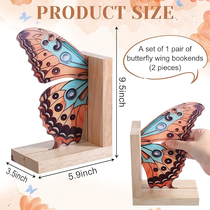 Decorative Butterfly Bookends Wooden Acrylic Butterflys Bookend Modern Bookshelf Decor Accent Book Stopper Decor for Home Farmhouse Shelves Office Lover Gift(Junonia Almana Butterfly)