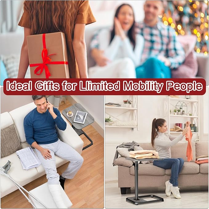 GOYLSER C Shaped End Table for Couch, Height Adjustable Living Room Rotating Couch Tray Tables Sofa Table Tv Trays for Bedroom, Swivel Wooden Side Table for Small Space, Grey