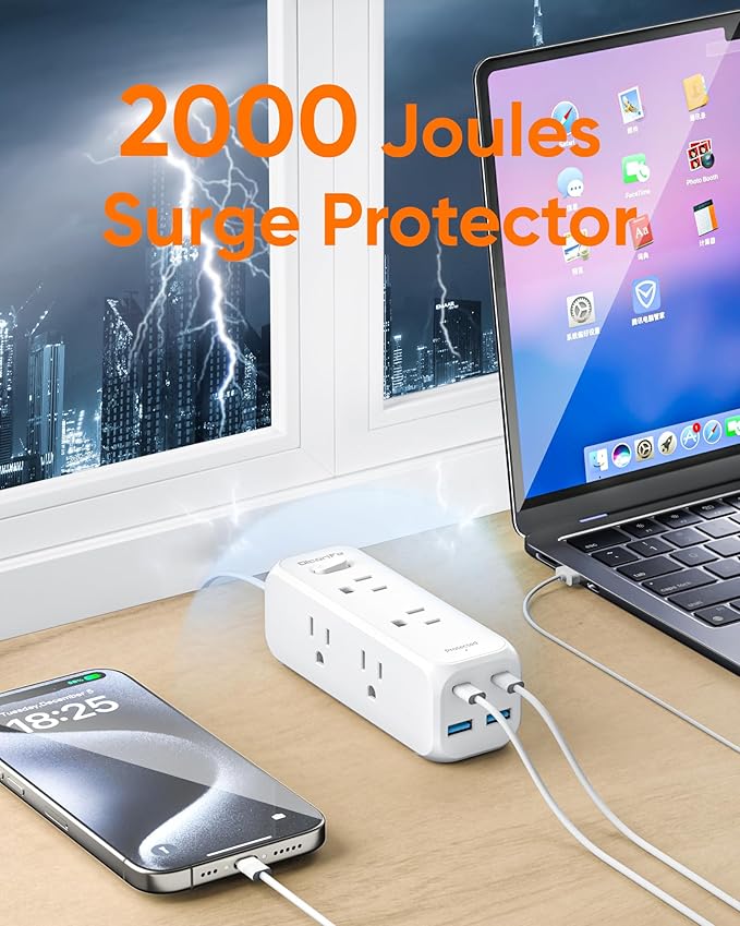Olcorife Flat Plug Power Strip with 6 AC Outlets 4 USB Ports, 2000 Joules Surge Protector, 3FT Flat Extension Cord, Home Office Travel Dorm Room Essentials