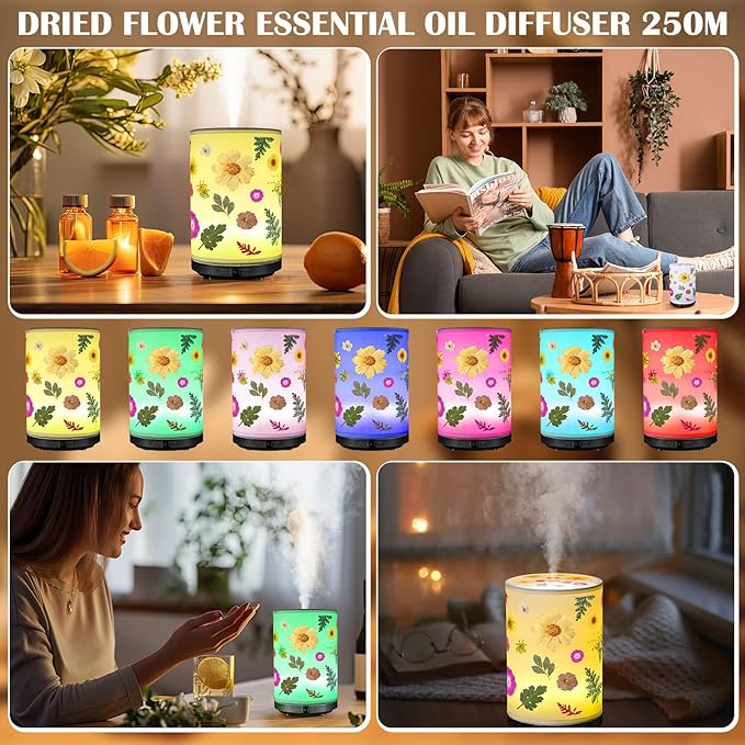 Rossesay Essential Oil Diffuser Flower Humidifiers Lamp, 250ml 7-Color LED Aromatherapy Diffuser with 3 Mist Modes Auto-Off Floral Night Light Gift for Women Mom Home Office Desk Decor