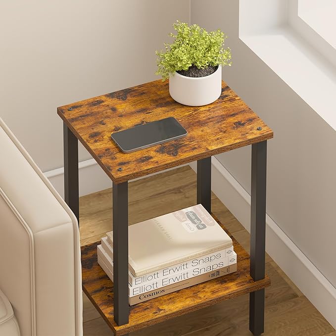 TUTOTAK End Table, Side Table, Nightstand, 2-Tier Storage Shelf, Sofa Side Table for Small Space, Living Room, Bed Room Brown and Black TB01BB034