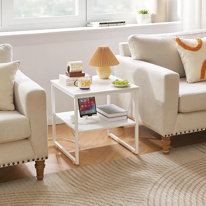 Aibiju Living Room Large Side Table, End Table with Charging Station, Refrigerator Stand Printer Table with Adjustable Shelves, Office Square Coffee Table with USB Ports White YD-TM153WD