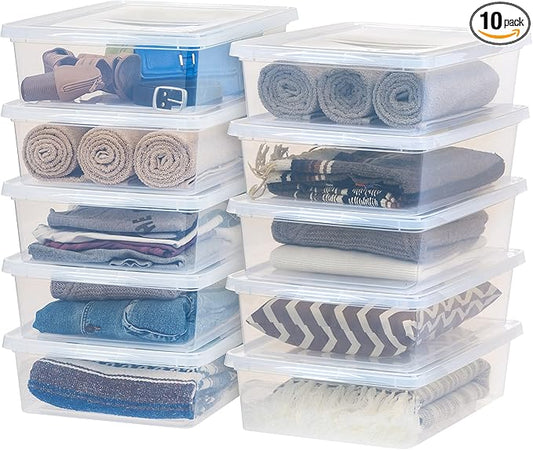IRIS USA 10-Pack Storage Bins with Lids, 28 Quart, Shoe Boxes Clear Stackable Containers Organize Shoes Closet Shelves, Classroom Organization Teacher Tools, Game Storage - BPA-Free Plastic
