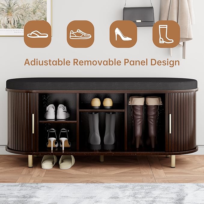 DHH 2-Tier Storage Bench,Wide Shoe Bench with Thickened Padded Seat Cushion, Mid Century Modern Fluted Sliding Door and Adjustable Shelf, for Entryway, Living Room, Bedroom (Dark Walnut, 43.3“)