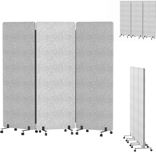 72"x66" Soundproof Room Divider Panel with Wheels, Office Partition Wall 3 Panel Portable Room Temporary Wall Privacy Screen for Office Home Classroom Divider Freestanding Light Grey