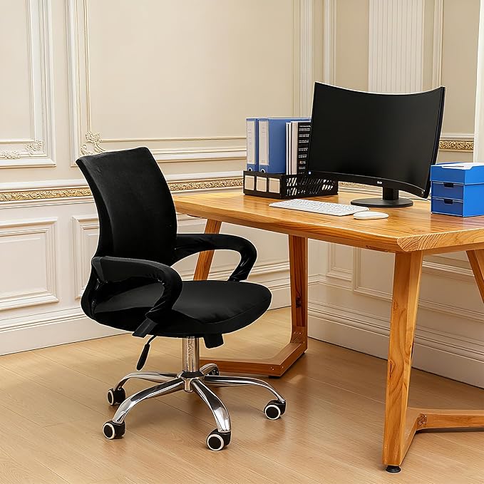 Velvet Office Chair Cover with Armrest Cover 18Inch Wide Stretch Black Small Desk Computer Chair Covers with Long Zipper Arm Slipcovers Washable