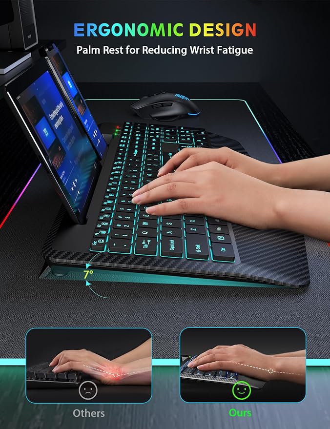 Wireless Keyboard and Mouse Backlit, Wrist Rest, LED Mouse, Rechargeable Ergonomic Keyboard with Phone Holder, Silent Light Up Combo for Computer, Mac, PC, Laptop, Chromebook - SABLUTE KM22 Ultra+