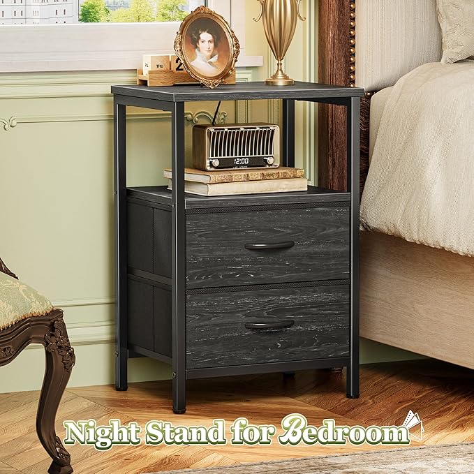 Huuger Night Stand Set of 2, Nightstand with 2 Drawers, Bed Side Table with Open Shelf, Wooden Top, End Table, Fabric Drawer with Charcoal Black Wood Grain Print, for Bedroom