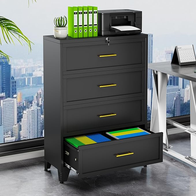 winiowa 4 Drawer File Cabinet, Metal Lateral File Cabinet with Lock, Locking Filing Cabinets for Home Office,Wide Office Storage Cabinet for Hanging Files Letter/Legal/F4/A4 Size (Black, 4-Drawer)