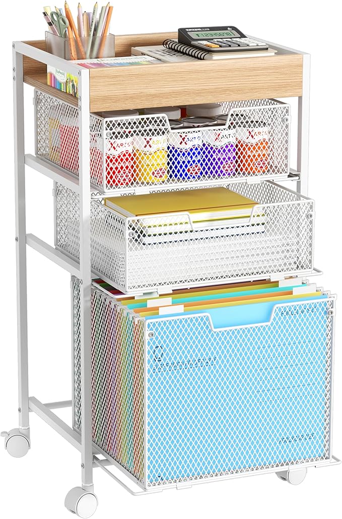 SWTYMIKI Rolling File Cart with Drawers - 4 Tier Under Desk Storage Craft Rolling Organizer Cart - Office Storage &Organization, Mobile Metal Filing Cabinet for Office and Home White