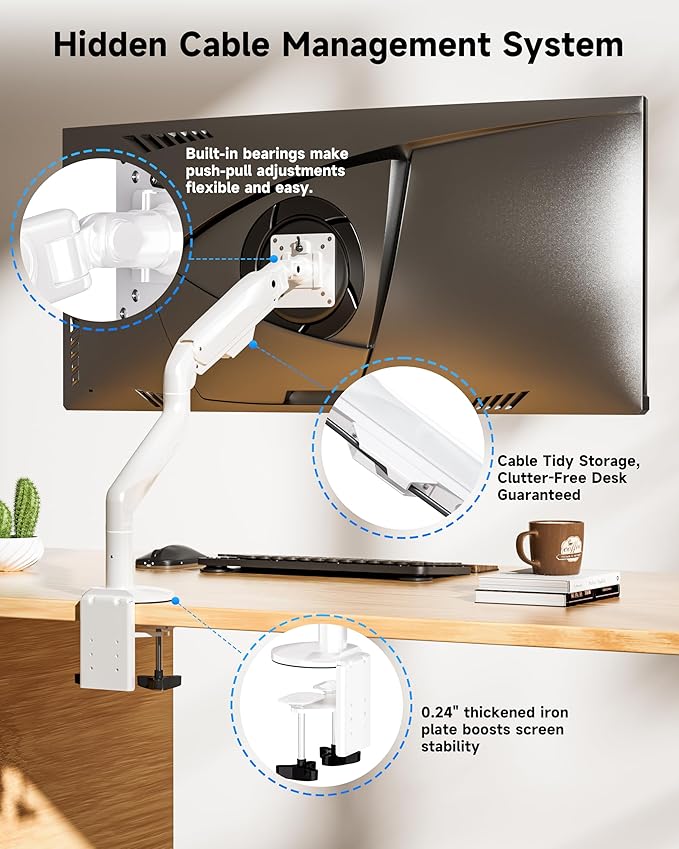 BIZUM Heavy Aluminum Monitor Stand 17 to 43 Inch Monitor Arm, Adjustable-Monitor Mount up to 33lbs with Clamp and Grommet Base, VESA 75x75/100x100mm White