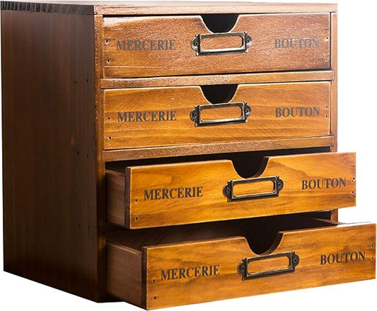Modular Stackable Apothecary Cabinet 4 Drawer Desk Organizer - Retro Library Card Catalog Wood Storage Box - Organize Stationery, Thread Embroidery, Sewing, Crafts, Junk Drawer & Supplies Countertop