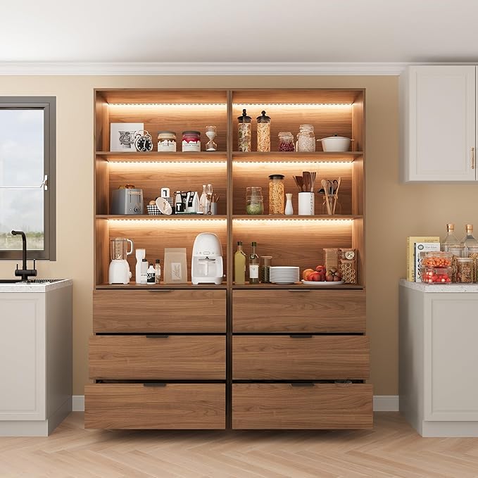 Mekminop 2 Piece Tall Bookcase Storage Cabinet with LED Lighting, Wooden Bookshelf with Drawers and Shelves, Storage Bookshelf for Living Room,Home Office,Walnut