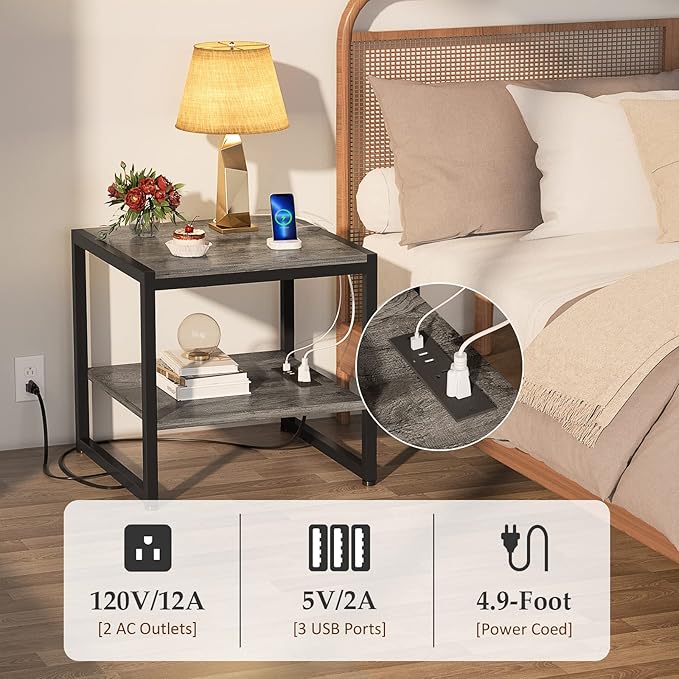 Homieasy End Table with Charging Station, 20" Mini Fridge Stand with Power Outlets, Heavy Duty Side Table for Living Room, Small Table Stand & Fridge Table, Black Oak, 2 Pack