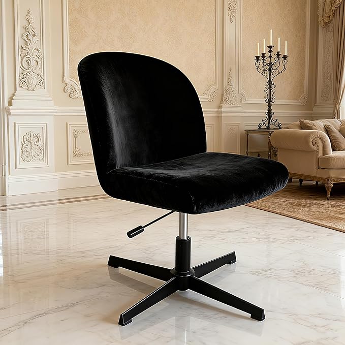 Black Criss Cross Office Desk Chair Cover Velvet Stretch Wide Armless Vanity Make-up Chair Slipcover 1 Piece Washable
