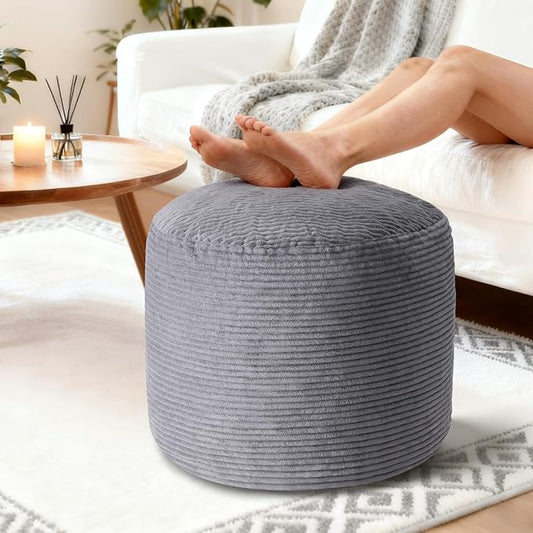 20" x 20" x 15" Pouf Ottoman Foot Rest, Pre-Stuffed Round Foot Stool with Odorless Shredded Memory Foam, Furry & Fluffy Corduroy Footrest for Living Room, Dark Grey