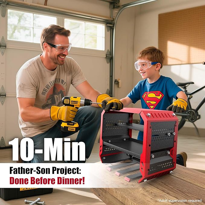 Christmas Gift for Men - End His Garage Clutter | Red Power Tool Organizer Wall Mount with Charging Station | All-in-One 3-Tier Heavy Duty Tool Rack with 420lb Capacity for Dad, Husband, DIYers