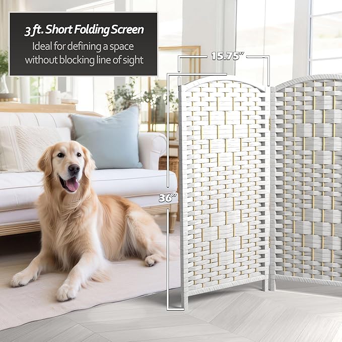 Red Lantern 3 ft. Short Diamond Weave Fiber Folding Screen - White - 4 Panel