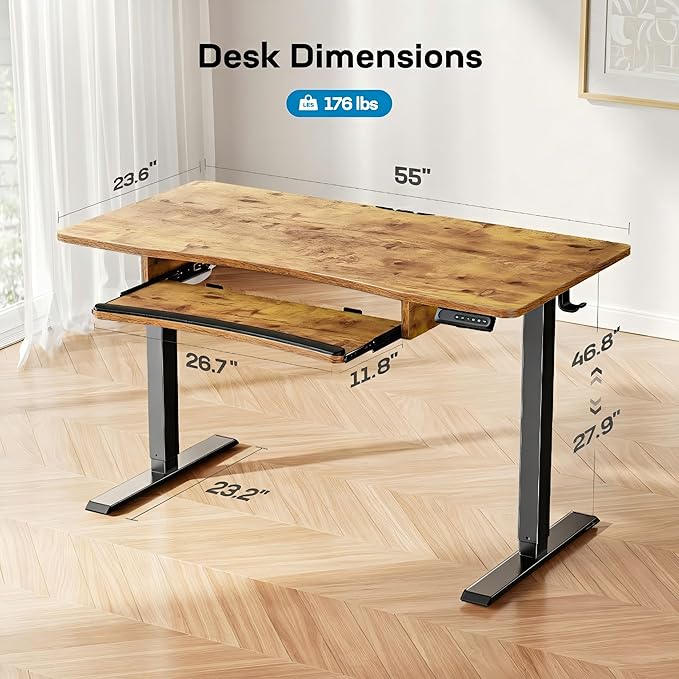 HUANUO Standing Desk Adjustable Height, 55" x 24" Electric Stand Up Desk for Home Office with Large Keyboard Tray(26.7"), 4 Memory Height Setting, Computer Workstation, Vintage