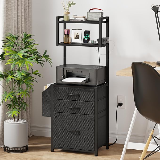 HIGDBFE Small 3 Drawer File Cabinet with Charging Station, 45''H, 3-Tier Filing Cabinet for Home Office, 11''*16'' for Small Printer, Fabric Drawer Fits Letter/A4, Tall Printer Stand, Black