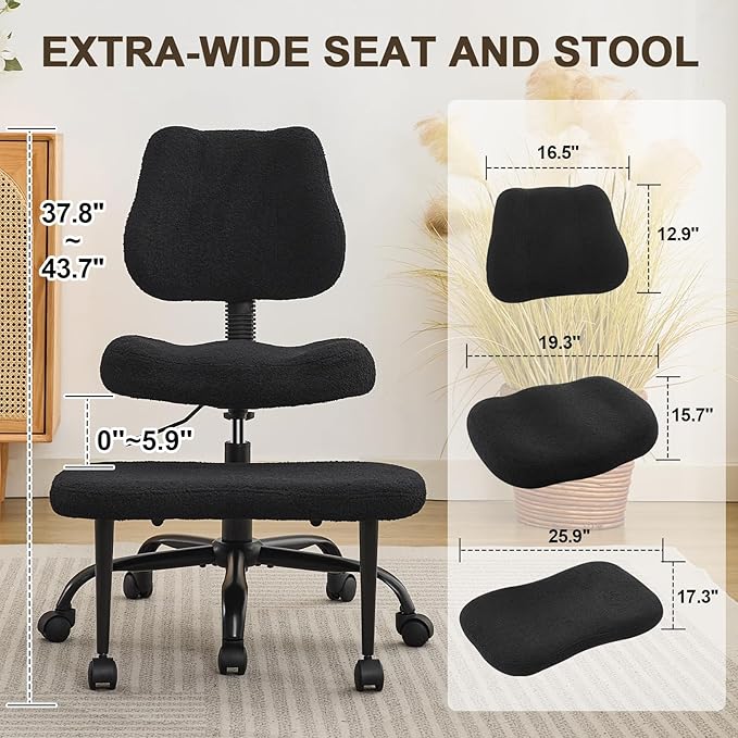 Ergonomic Criss Cross Legged Office Chair, ADHD Chair, Wide Height Adjustable Seat 360° Swivel Footstool with Wheels, PU Leather Meditation Kneeling Chair, for The Restless Home Workers, Black