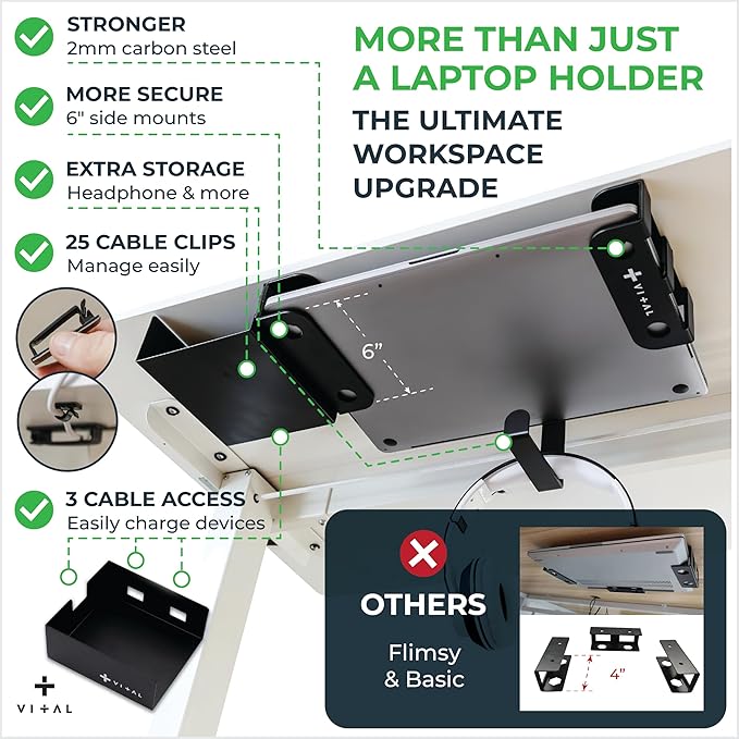 VI+AL Under Desk Laptop Mount - Hidden Metal Shelf with Side Storage, Hook & Cable Organizer - Installs with Tape & Screws - Fits Devices up to 1.7" Thick - Deluxe + LED (USB Light Strip & Remote)