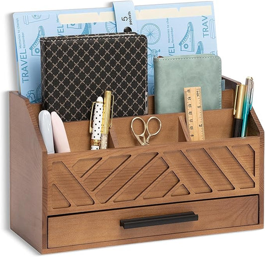 dreampossible Brown Wood Desk Organizer and Accessories with Drawer, Bill Mail Organizer and File Mail Holder for Office Supplies, Modern Desk Accessories & Workspace Organizers for Desk Organization