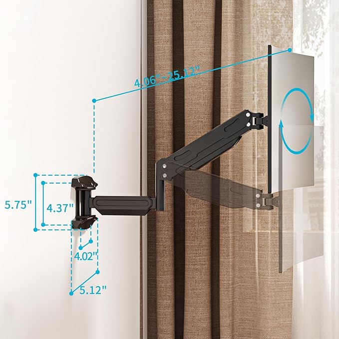 Suptek Single Wall Mount Monitor for 13-32 Inch Screens, Full Motion Adjustable Gas Spring Wall Mount Monitor Arm Holds up to 22lbs, VESA 75x75/100x100 Wall Mount, Black