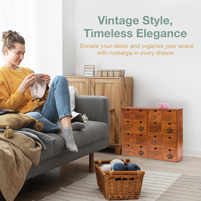 Modular Stackable Set of 4 Mahogany Brown Wood Storage Drawers for Desktop - 16-Drawer Stackable Desk Organizers - Vintage Style Office & Study Table Wooden Storage Boxes, Fully Assembled