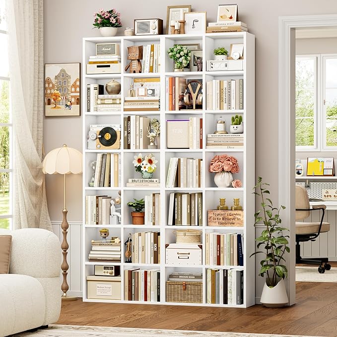 FOTOSOK 71'' Tall Bookshelf Set of 2, 7 Tier Large White Bookshelf with Adjustable Shelves, Wide Bookcases and Bookshelf, DVD/CD Media Tower Storage, Cube Book Shelf Display Shelf Cabinet, White