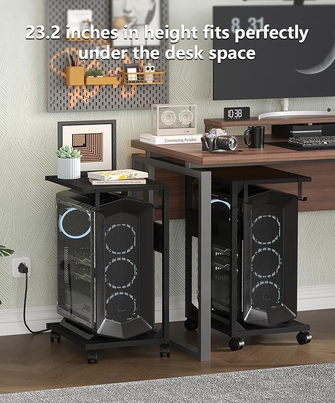 Akxomel 2 Tier Computer Tower Stand with Charging Station, 11.8" D x 16.5" W Rolling Floor PC Tower Stand Fits Under Desk, CPU Holder Cart for Carpet with Hooks, Home Office