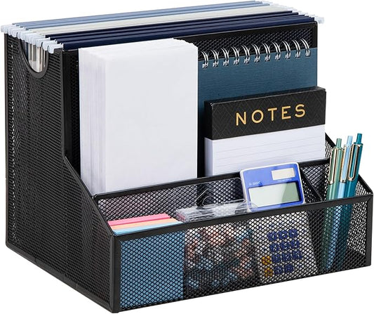 Mind Reader Desktop Organizer with Hanging File Storage, 4 Compartment Letter Size File Holder, Metal Mesh Desk Organizer for Office and Home, Black