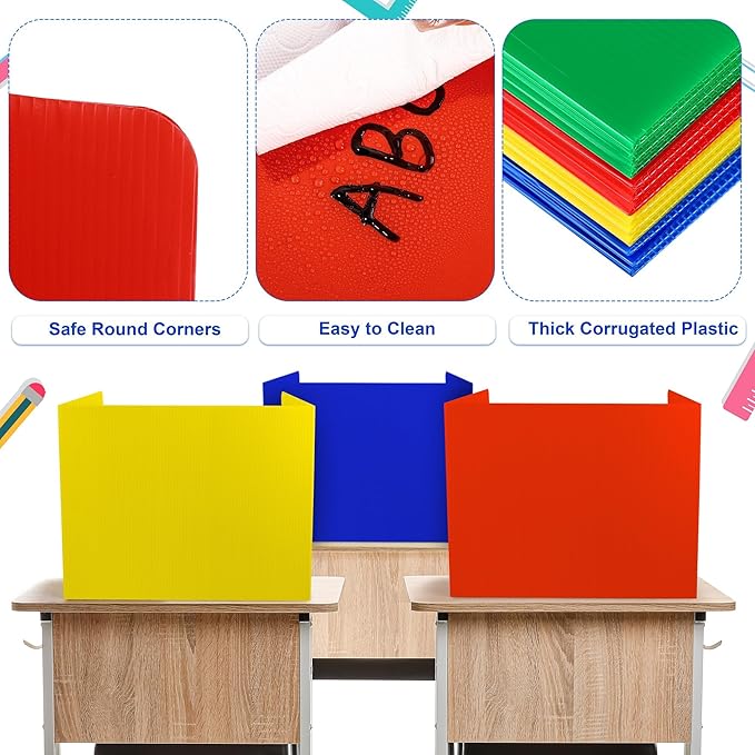12 Pack Desk Divider for Students Assorted Colors Classroom Privacy Boards with Name Labels Easy to Clean Plastic Guard Shields for School Desks