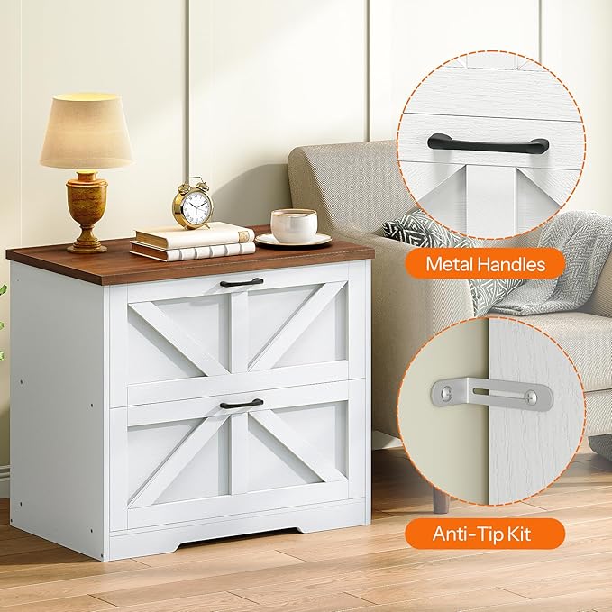 HOOBRO 2 Drawer File Cabinet, Farmhouse Lateral Filing Cabinet for Letter/A4/Legal Size, Large Wooden Office Storage Cabinet, Printer Stand for Home Office, White and Walnut WH48WJ01