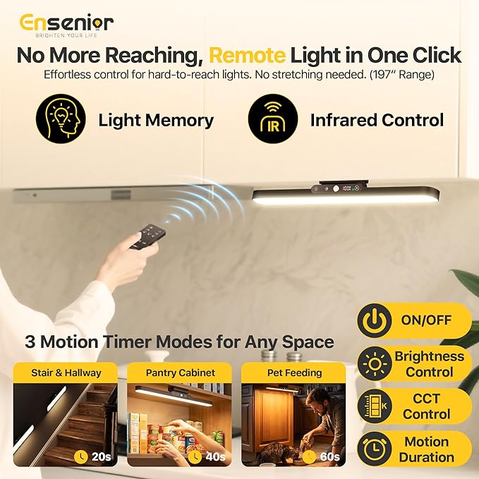 Upgraded Rechargeable Motion Sensor Light Bar, 2000mAh Dimmable Under Cabinet Lighting Wireless with Digital Battery Display, 130° Rotatable Magnetic Closet Lights, Remote Control Stick on Lights Dorm