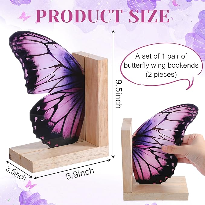 Decorative Butterfly Bookends Wooden Acrylic Butterflys Bookend Modern Bookshelf Decor Accent Book Stopper Decor for Home Farmhouse Shelves Office Lover Gift(Purple Butterfly)