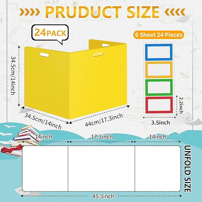24 Pcs Desk Dividers for Students Classroom Plastic Privacy Folders Yellow Test Dividers for Students Desks Trifold Privacy Panel Partitions for School Teacher Supplies (24pcs Yellow)