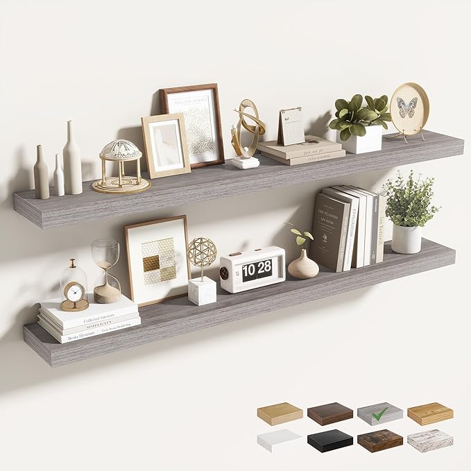 Acovy 48 Inch Floating Shelves for Wall 2 Pack, 48" Wall Shelves for Books, Storage, Decor, Wall Mounted Floating Shelf with Invisible Brackets for Kitchen, Living Room, Gray