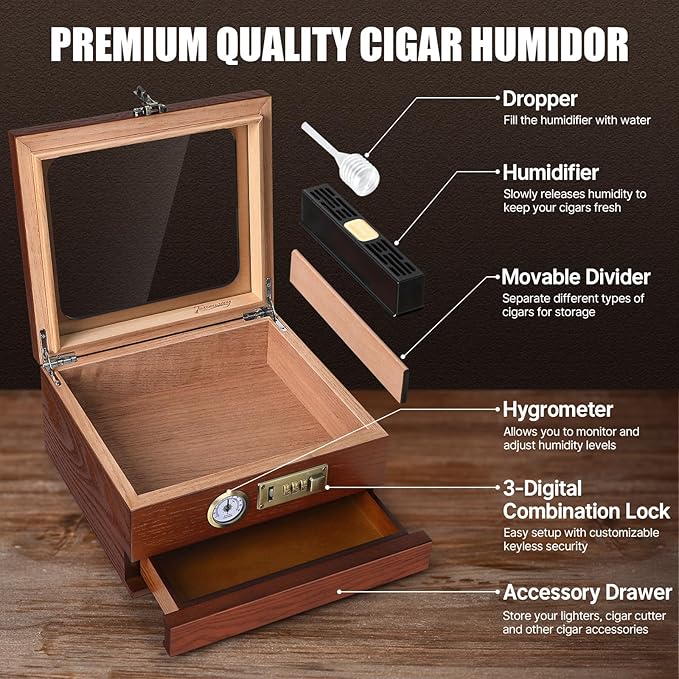 Tesonway Cigar Humidor, Cedar Wood Humidor Cigar Box, Glass Top Desktop Humidor with Front Hygrometer, Humidifier, Divider, Accessories Drawer and Combination Lock, Cigar Gifts for Men (Brown)